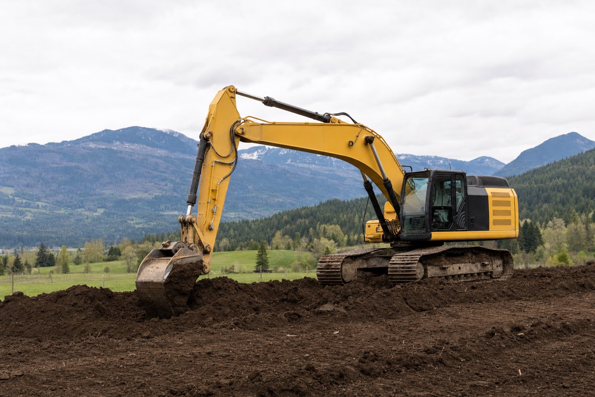 Excavator grading fresh earth on a rural acreage site in the Fraser Valley with a mountain backdrop