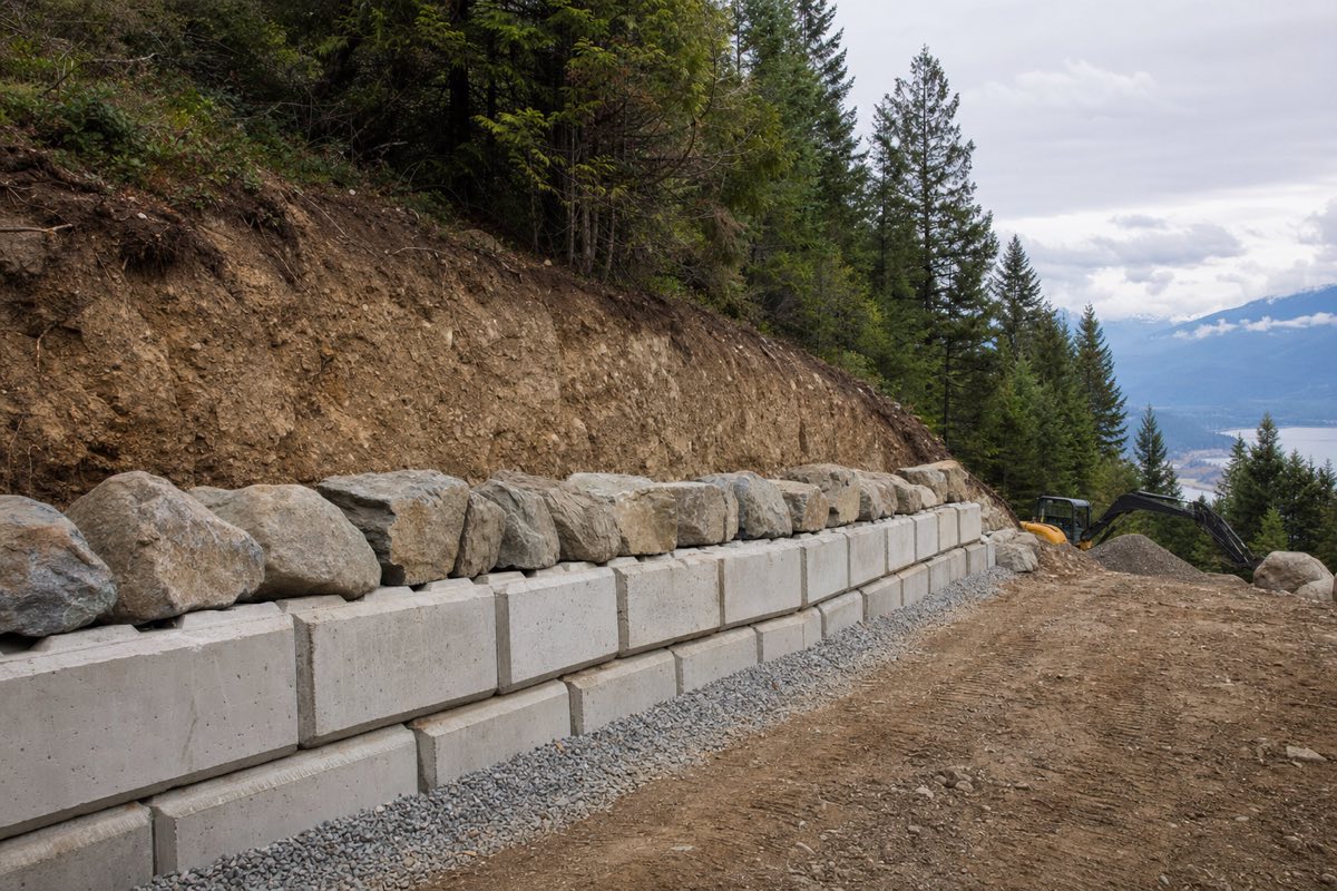 Lock block retaining wall excavation on a sloped Fraser Valley lot with drain rock at the base