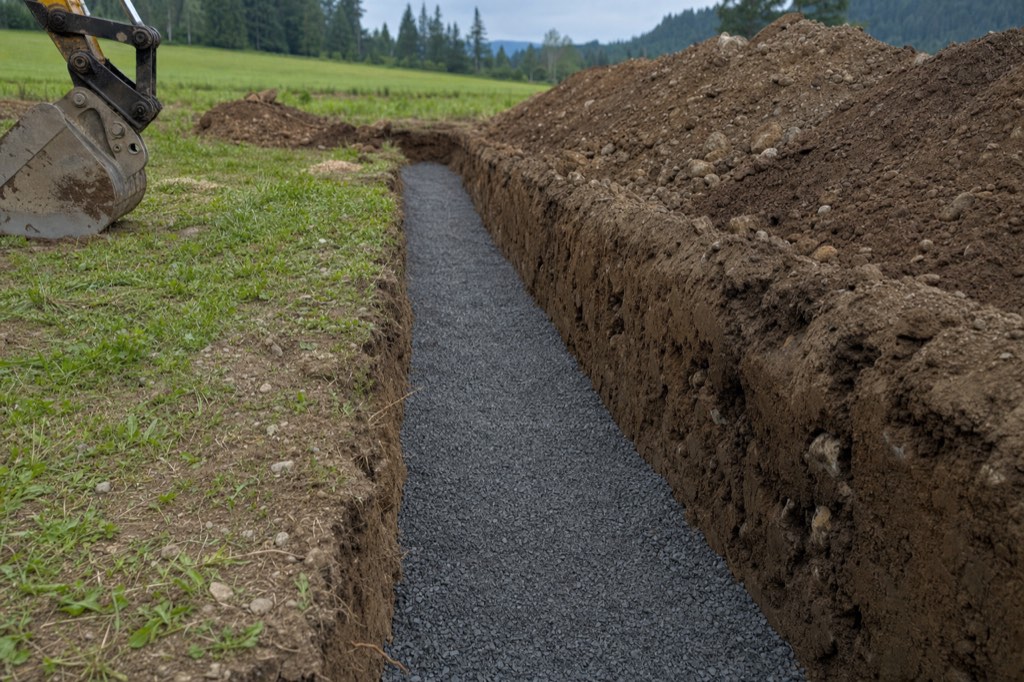 Open utility trench with gravel bedding ready for pipe on a rural Fraser Valley property